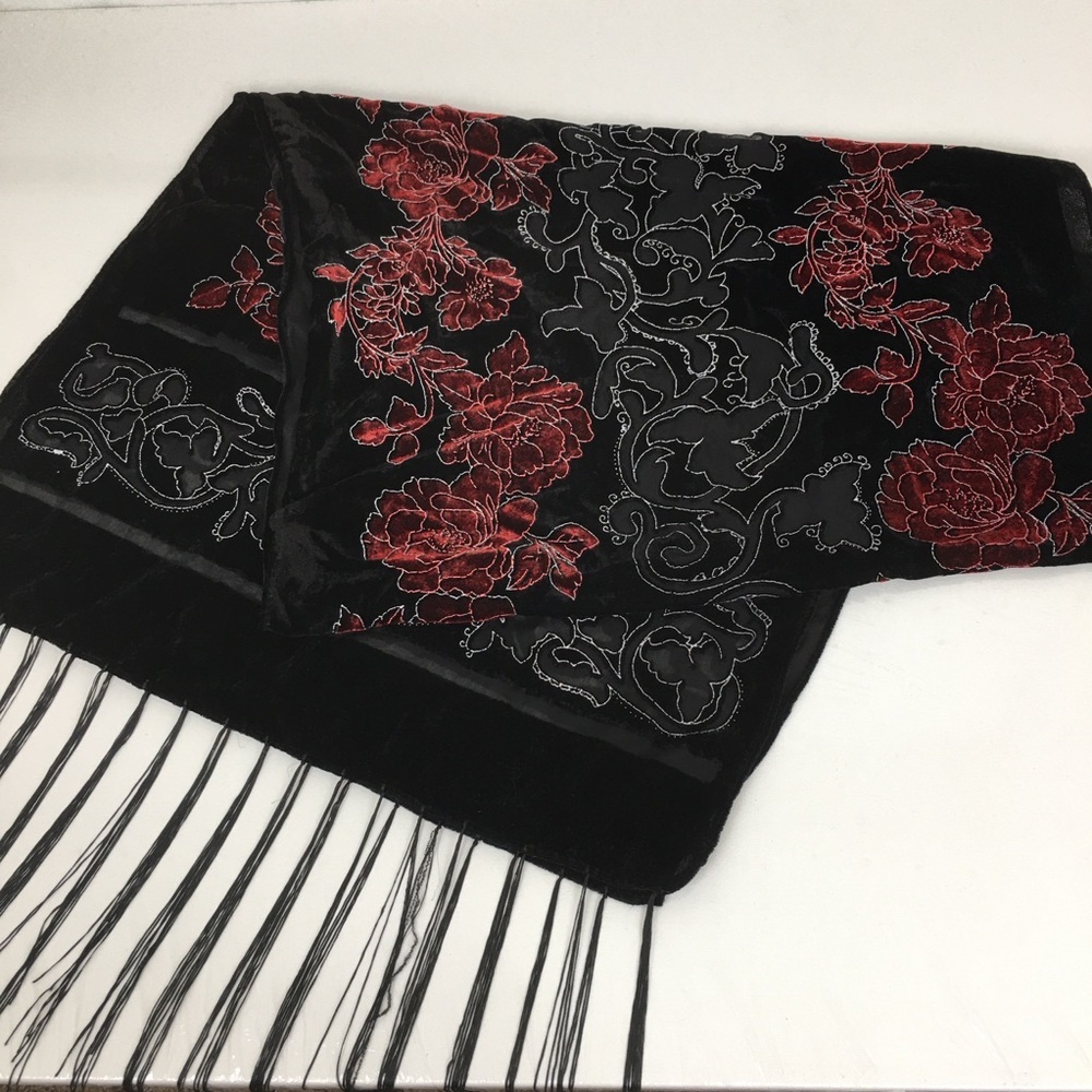 Floral Velvet Burnout Wide Scarf Wrap Black Red Sheer Fringe Evening Romantic - Picture 2 of 15